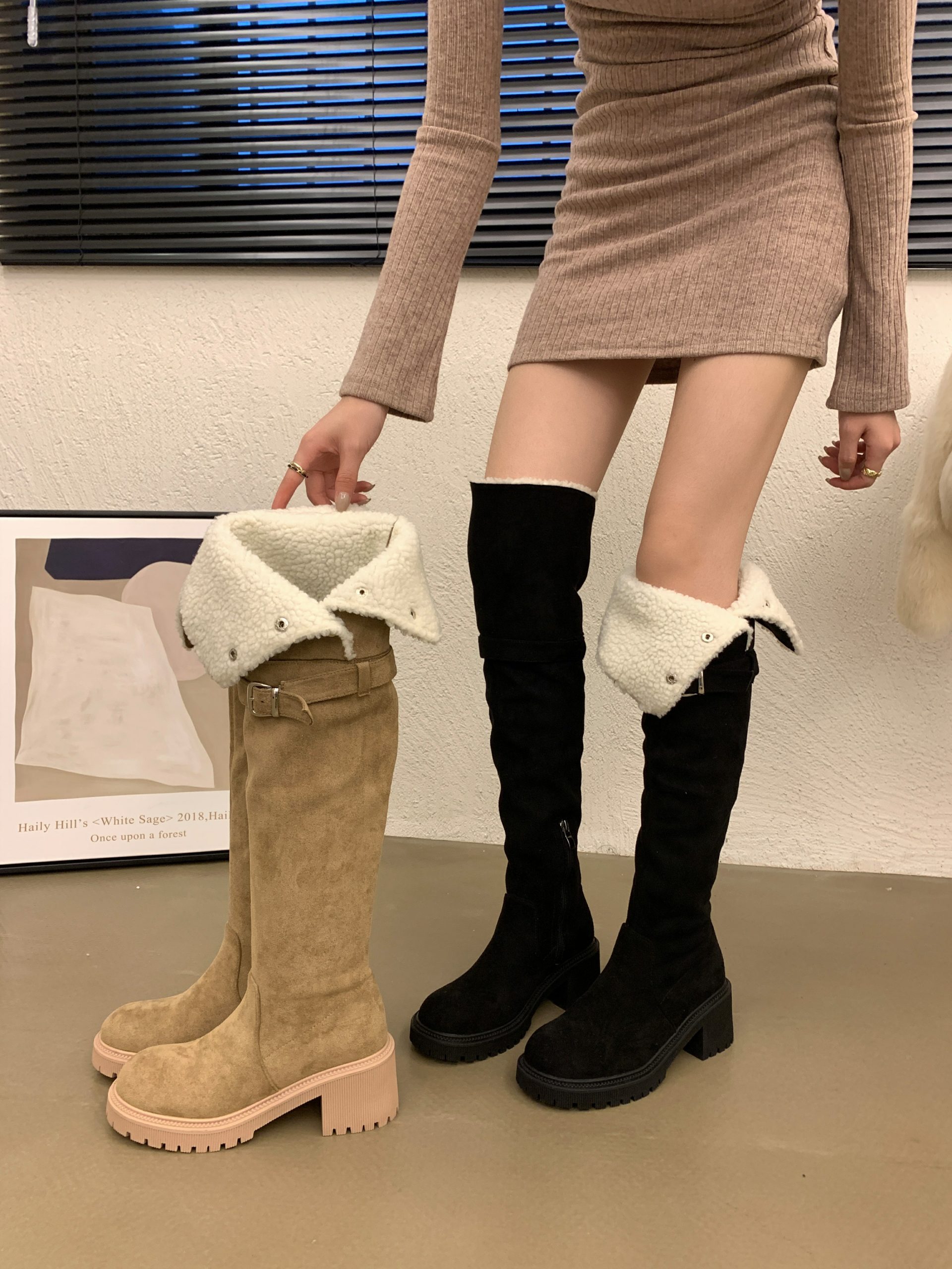 Women's Faux Fur Lined Over Knee Boots 2023 New Winter Style Chunky Heel Retro Slim High Top Snow Boots