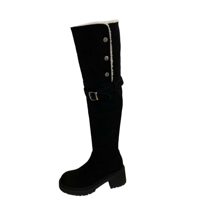 Women's Faux Fur Lined Over Knee Boots 2023 New Winter Style Chunky Heel Retro Slim High Top Snow Boots - Image 5