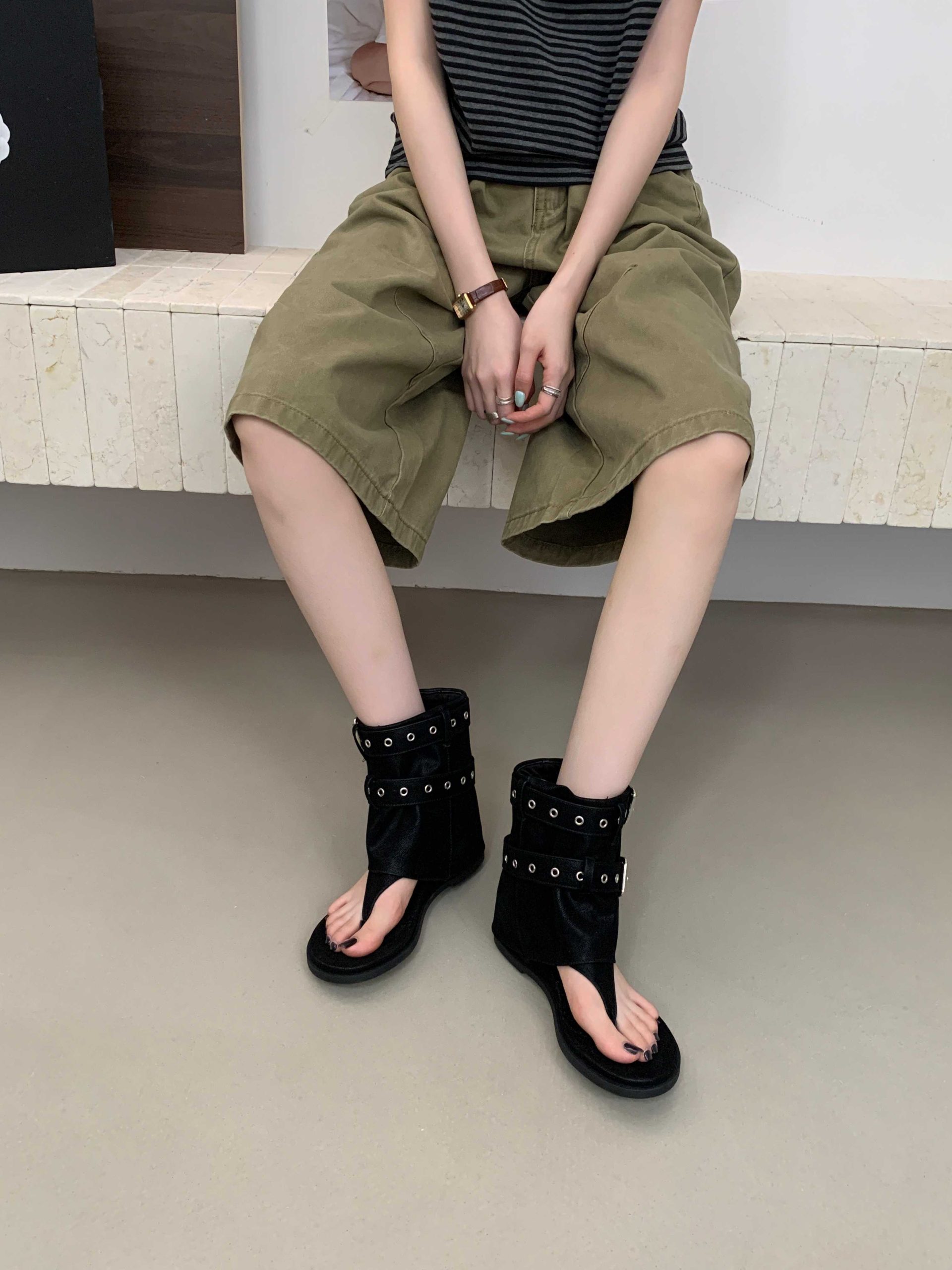 IN YOU Retro Round Toe Stacked Heel Summer Boots for Women - Khaki & Black, Mid Calf, Bow Decor, Flat Heel - Image 4