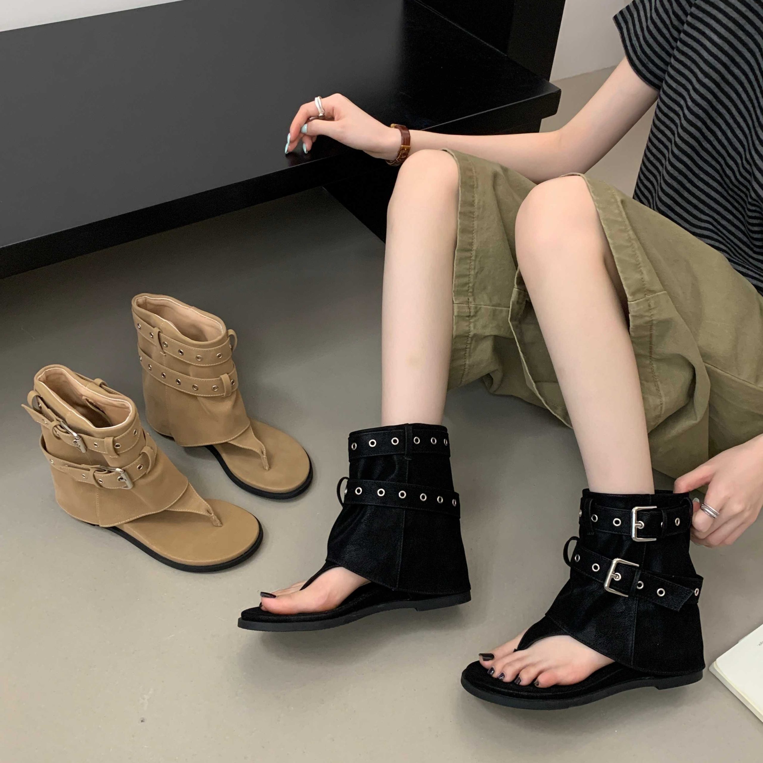 IN YOU Retro Round Toe Stacked Heel Summer Boots for Women - Khaki & Black, Mid Calf, Bow Decor, Flat Heel - Image 5