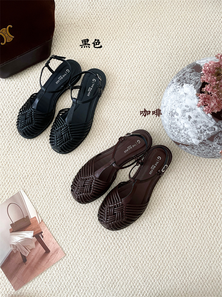 2025 Summer New Women's Woven Ankle Strap Round Toe Flat Sandals