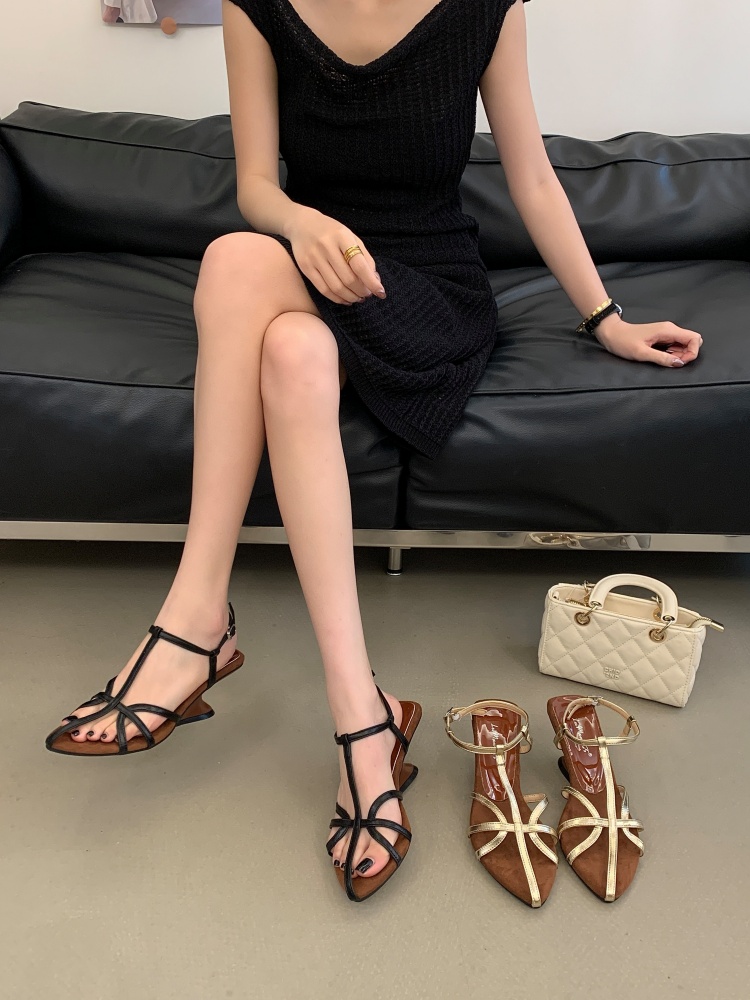 FENGDA 2026 Summer Roman Style Silver Pointed Toe Wedge Heel Sandals for Women with Ankle Strap
