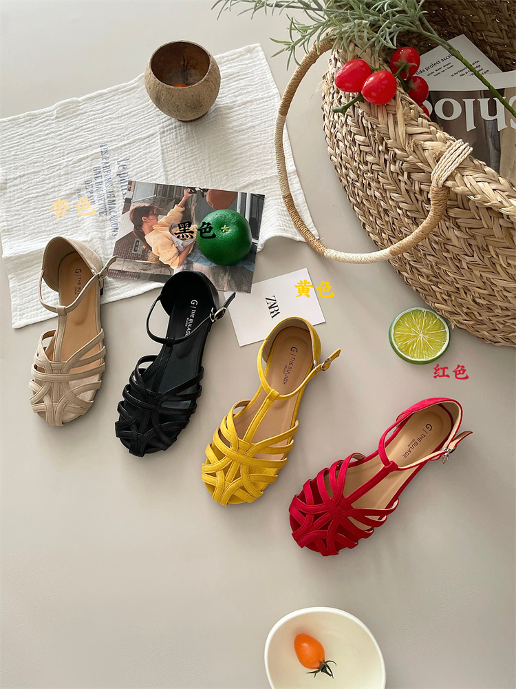 French Style 2025 Summer New Classic Retro Versatile Fashion Birkenstock Soft Sole T-Strap Woven Closed Toe Sandals