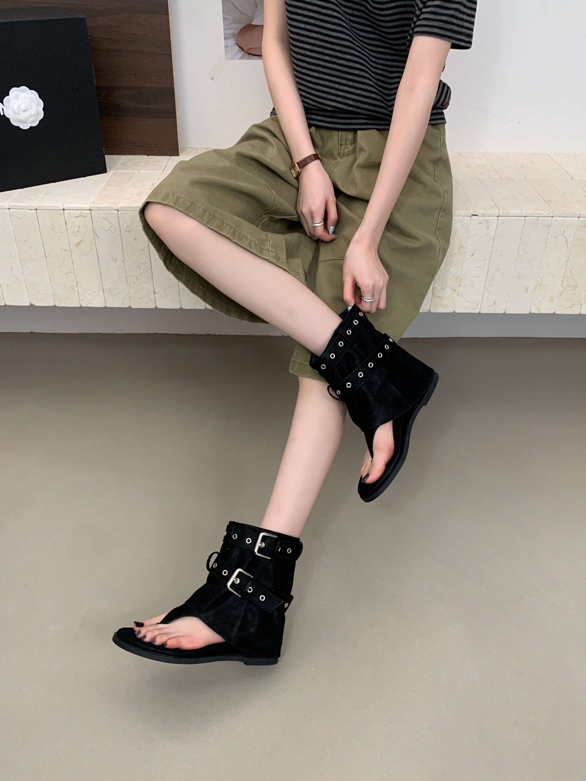 IN YOU Retro Round Toe Stacked Heel Summer Boots for Women - Khaki & Black, Mid Calf, Bow Decor, Flat Heel